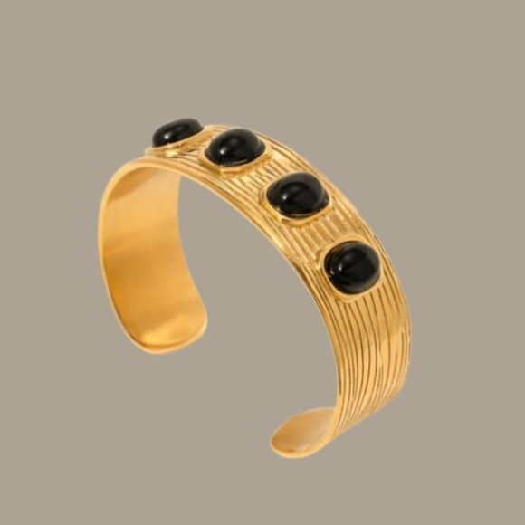 New ANTHRO Black onyx stone gold ss cuff bracelet - Picture 1 of 8